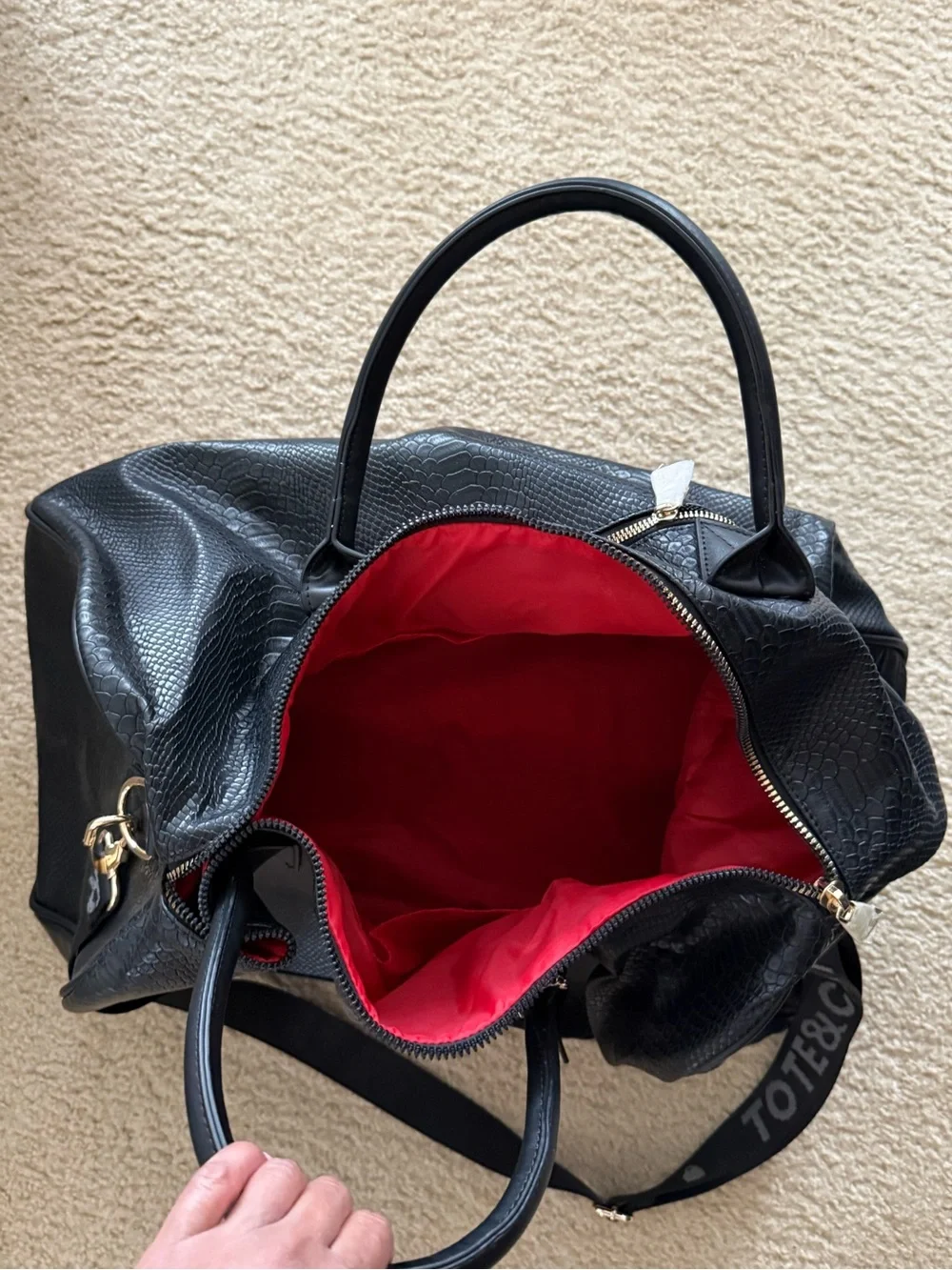 Black Textured Duffel Bag with Detachable Strap